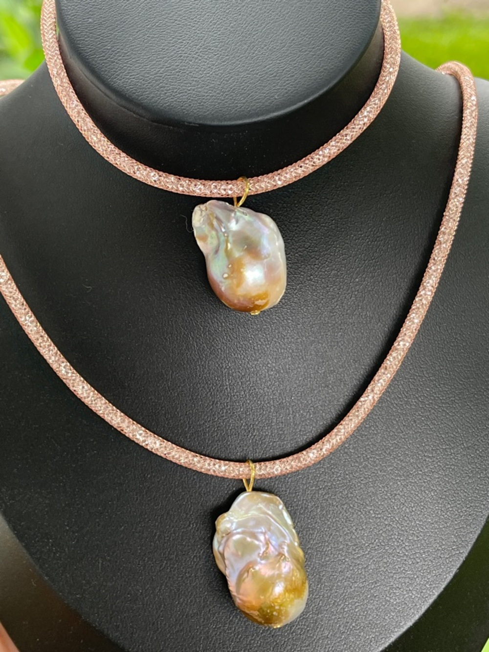 Mesh Inlay Swarovski Crystal Rose Gold Necklace & Bracelet With Baroque Pearl